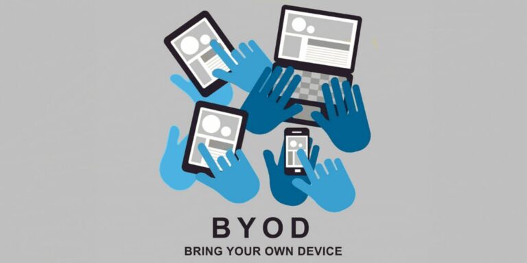 A Bring Your Own Device Graphic shows multiple devices and blue hands operating them.