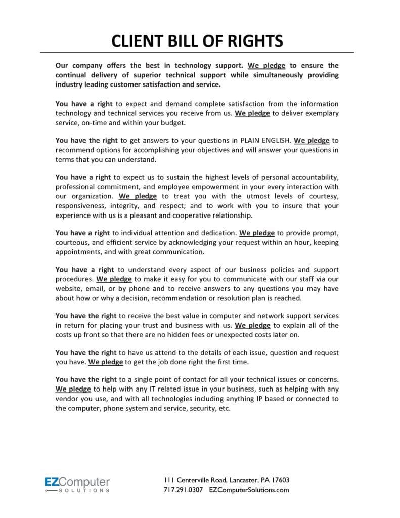 EZComputer Solutions client bill of rights