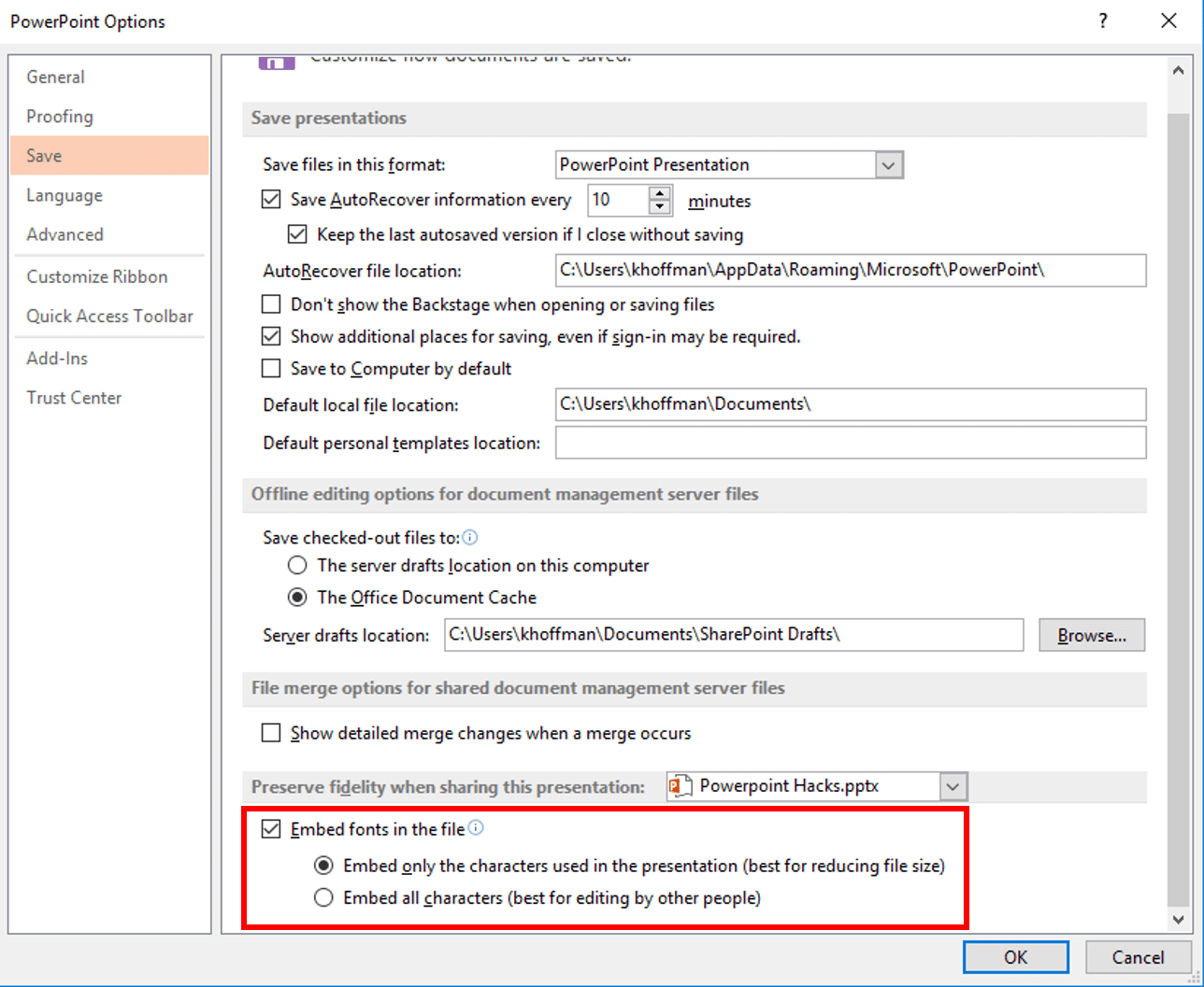 powerpoint save settings
