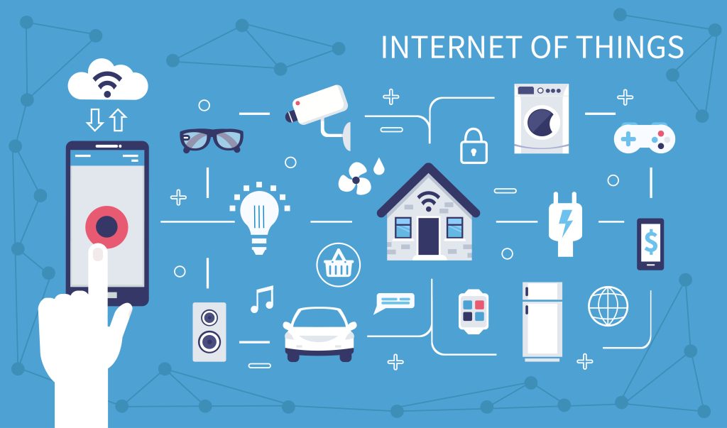 illustration of internet of things concept with smartphone connecting to various home devices