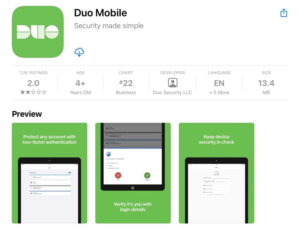 Screenshot of Duo Mobile download page in App Store
