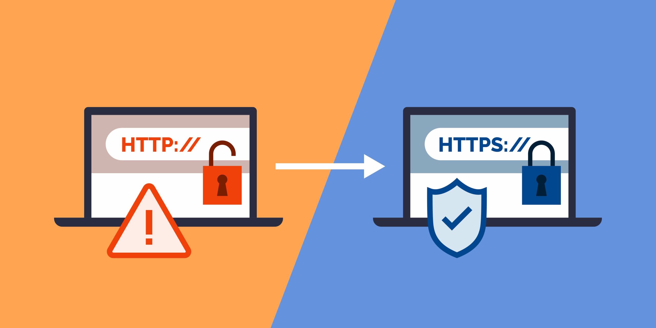 A graphic containing a laptop with an unsecured website and a warning box, and a secured website with a checkmark