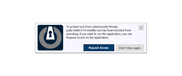ThreatLocker cybersecurity tool blocking unauthorized program
