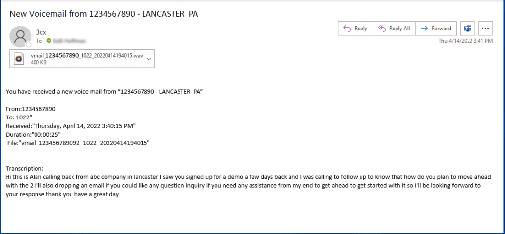 voip voicemail to email feature example