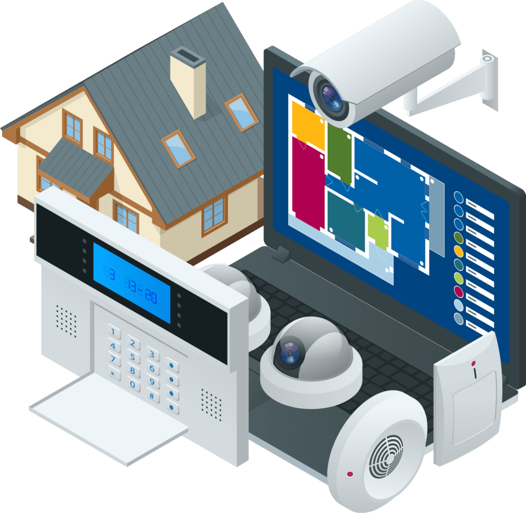 isometric illustration of home security measures