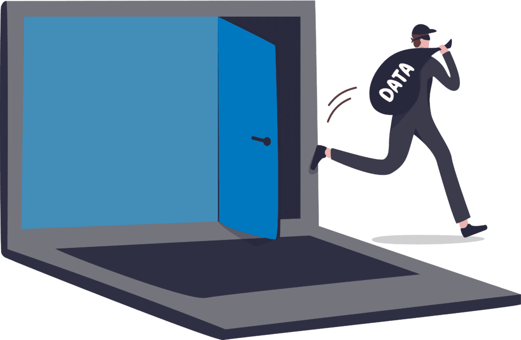 cartoon hacker running away with data