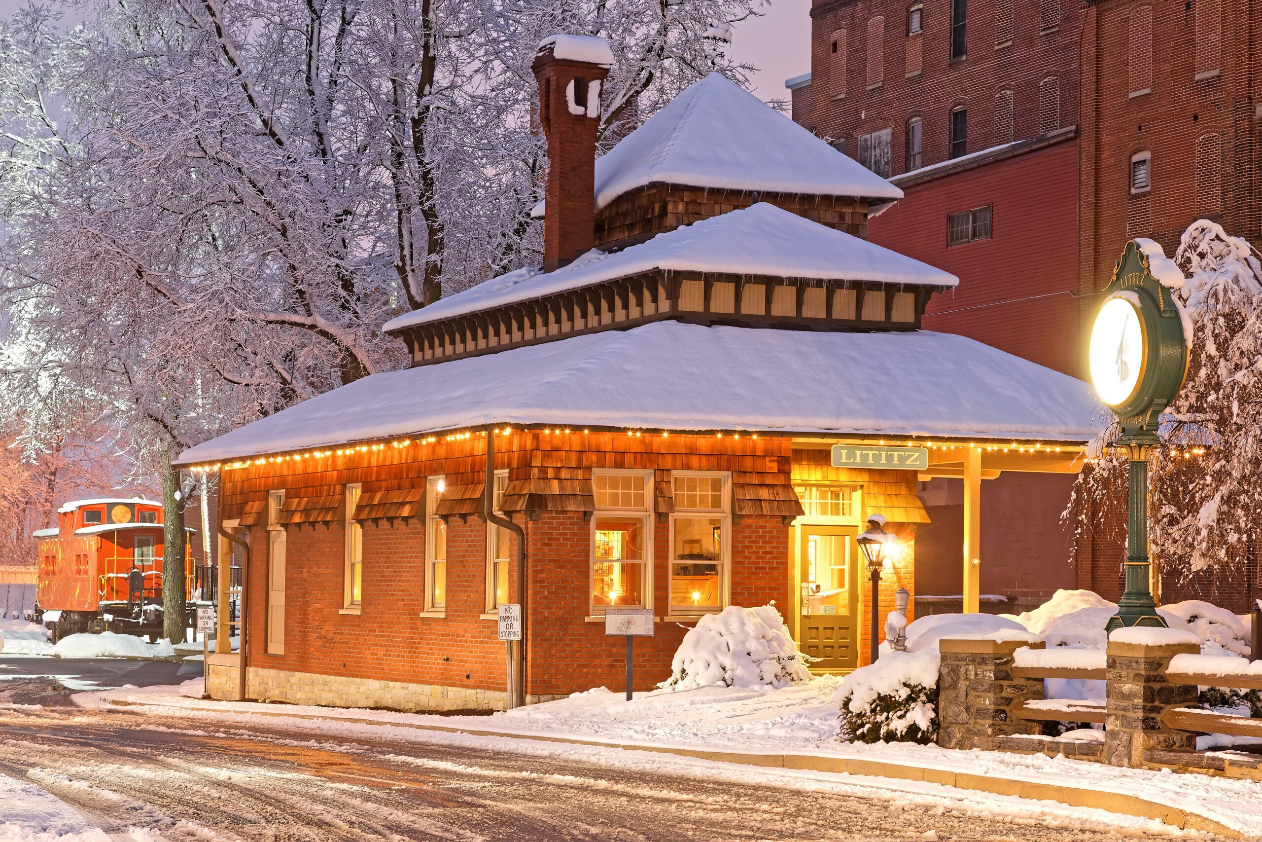 Snow fall at the old railroad station in Lititz, Pennsylvania.