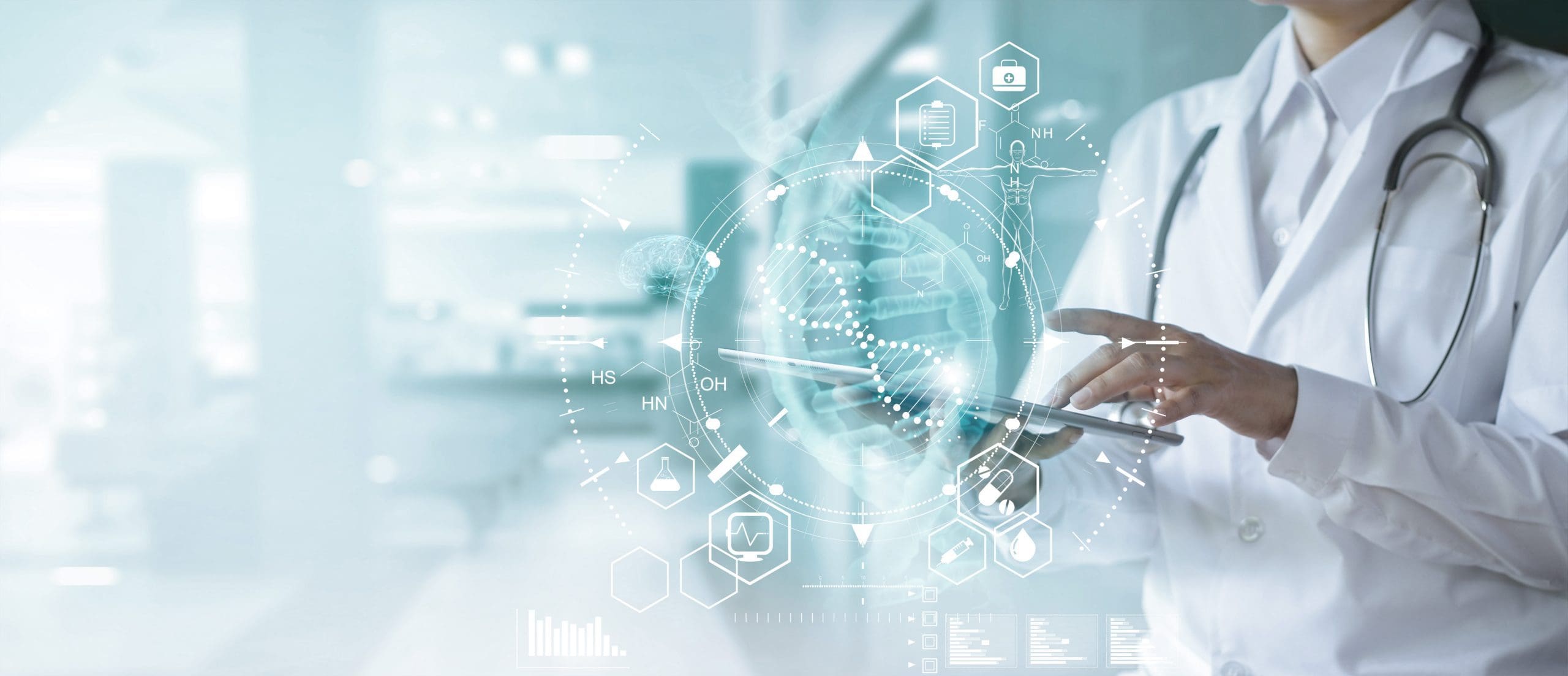 doctor with tablet computer with medical technology icons