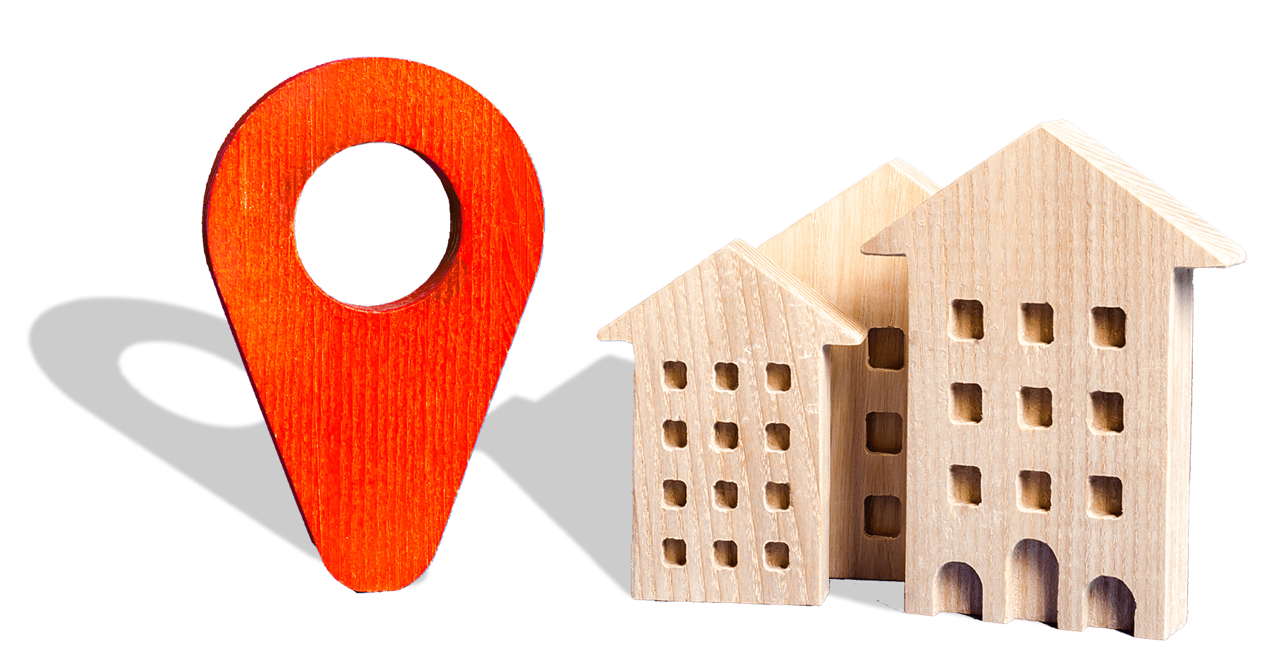 wooden buildings and local map pin