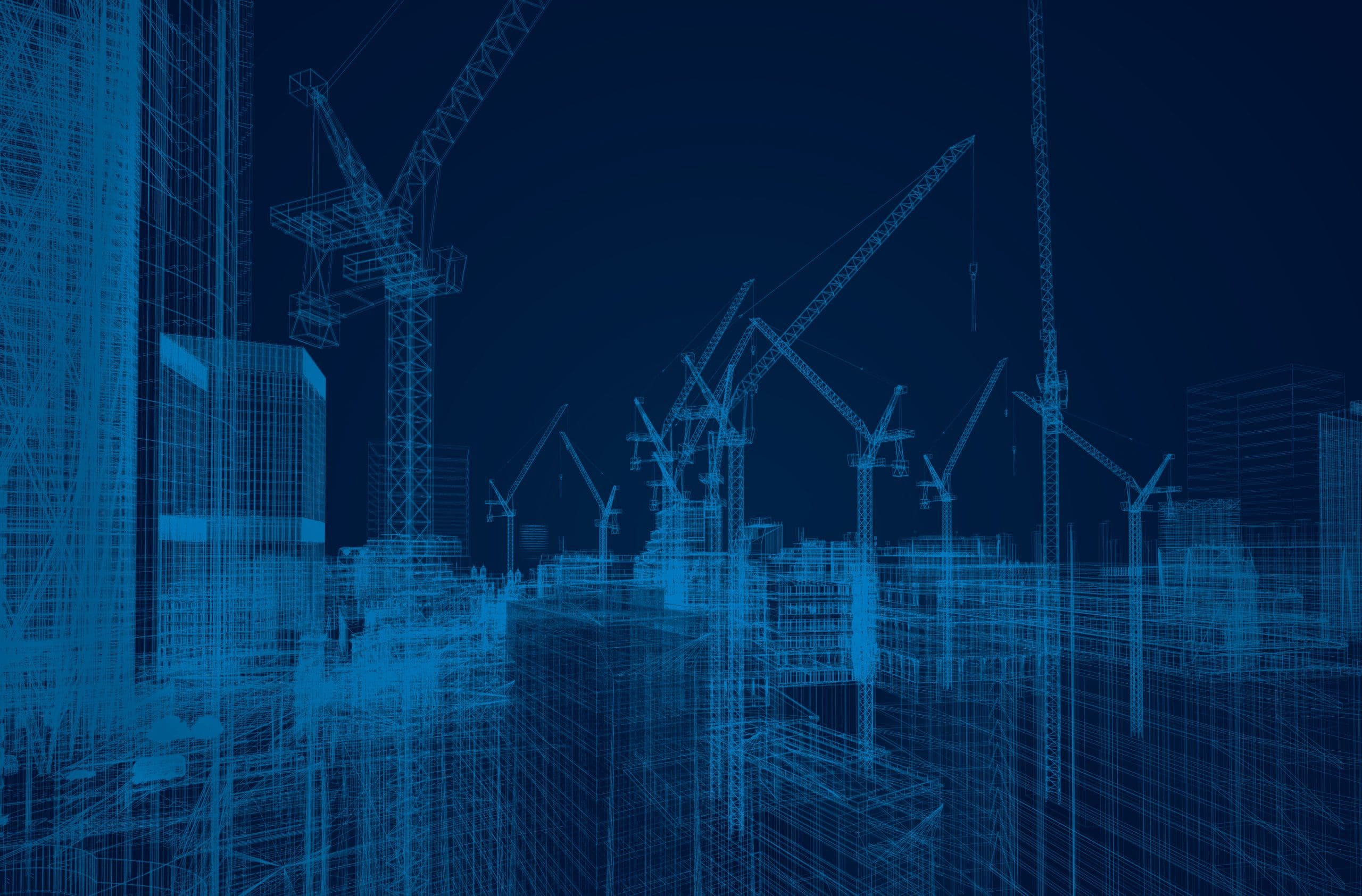 3d construction site blueprint on blue background