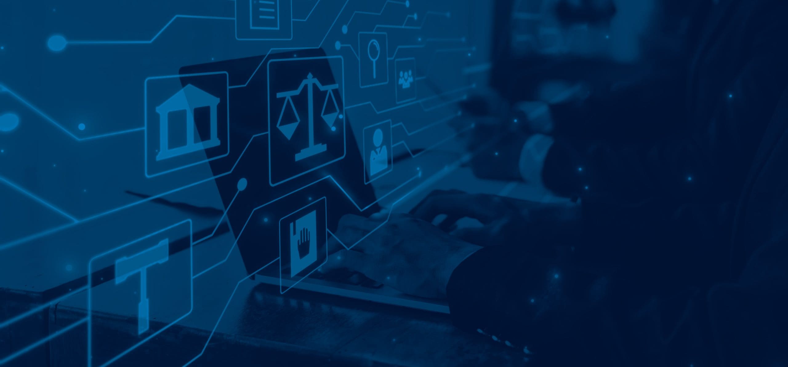 lawyers working on computers with financial IT symbols