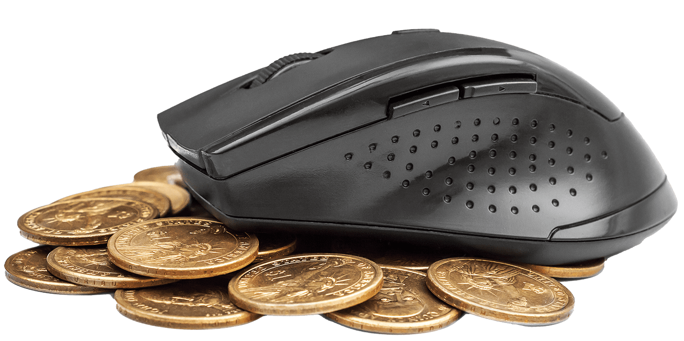 computer mouse on pile of gold coins representing financial IT services