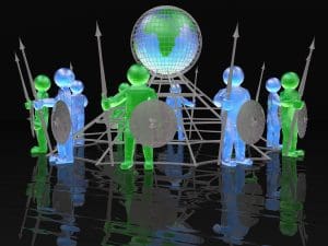 Digital human figures with shields and spears guarding a globe and net