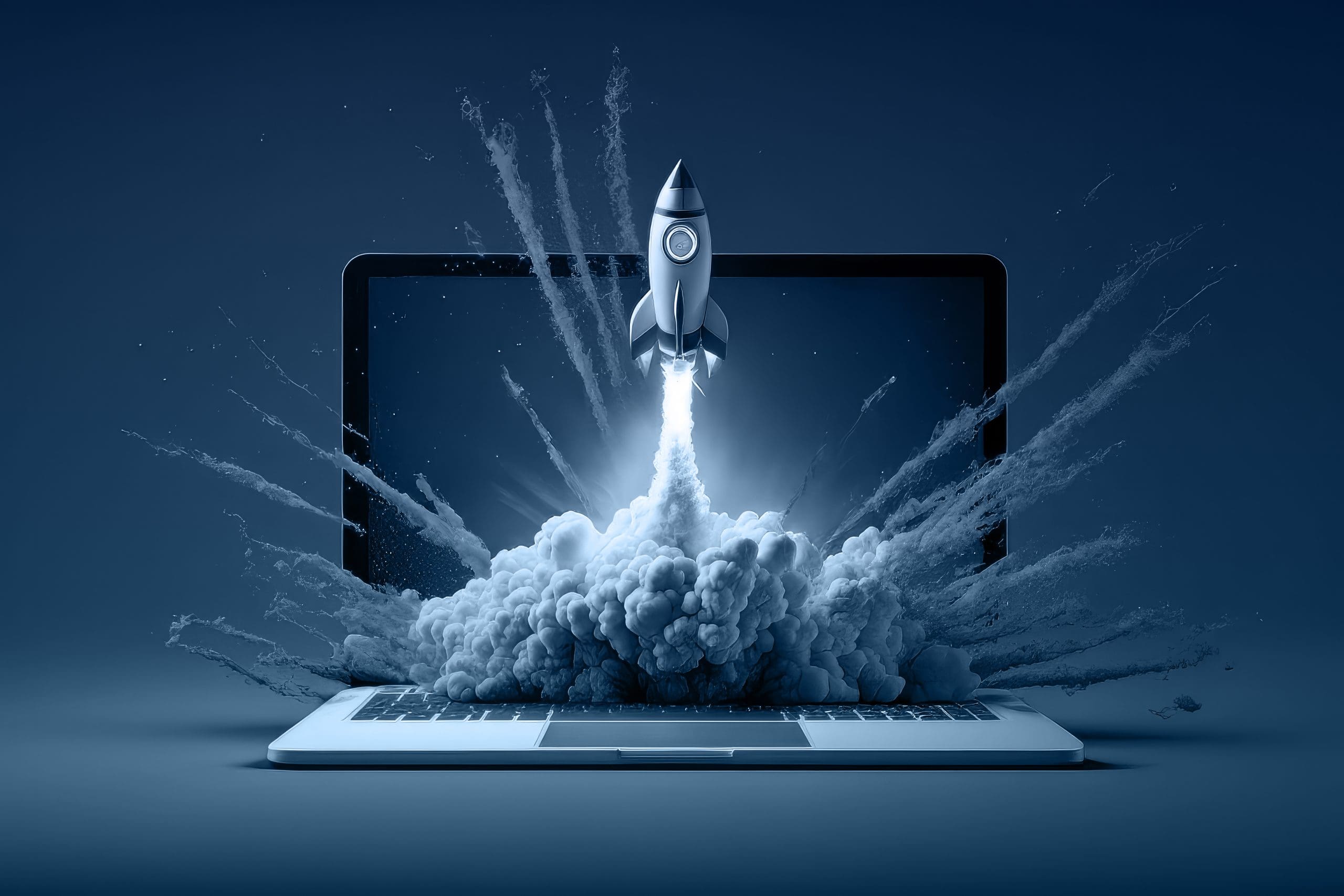 a rocket bursting out of a laptop