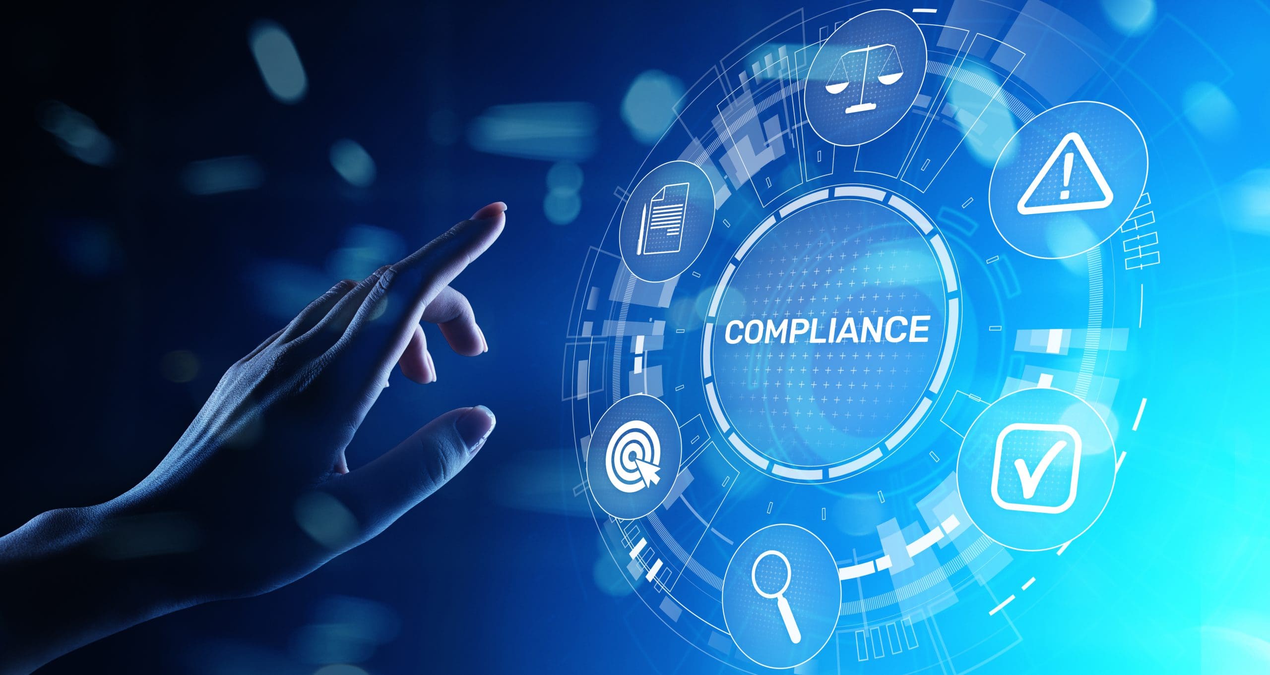 Compliance concept with icons and text. Regulations, law, standards, requirements, audit diagram on virtual screen.
