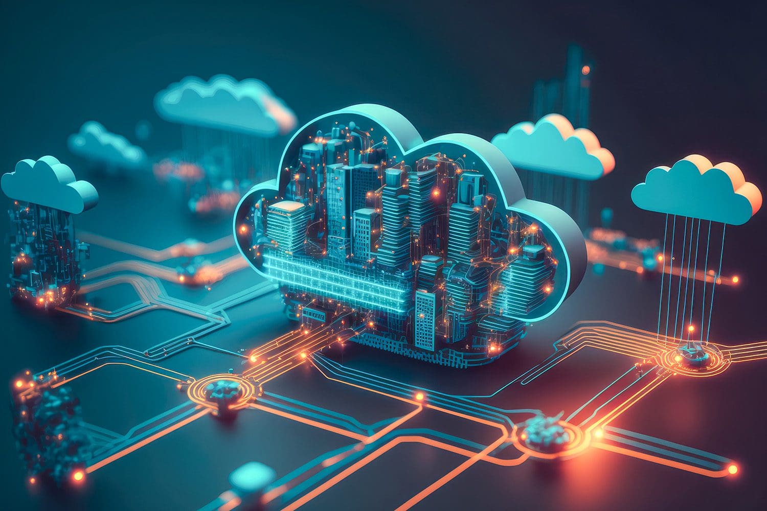 a metallic-looking cloud cut opened to see the inside of a motherboard