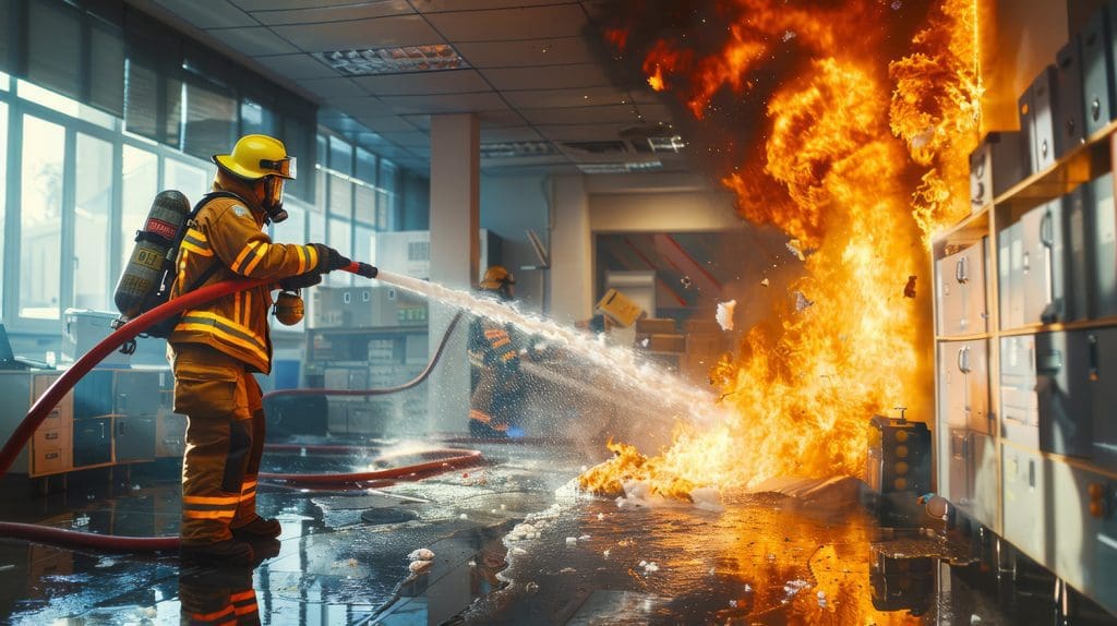 A firefighter extinguishes a fire in an office.