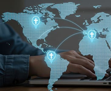 global online church or religious network on laptop