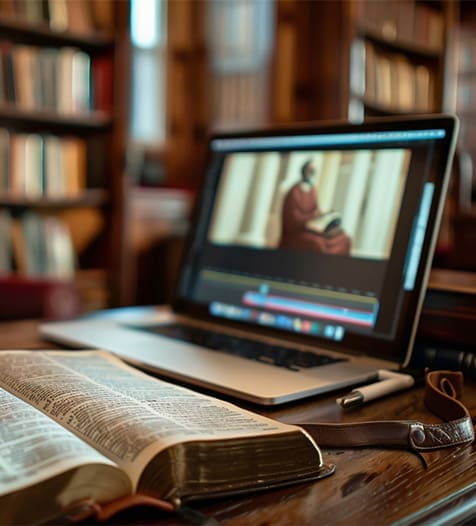 An open Bible resting on a desk beside a laptop displaying a live stream of a church service